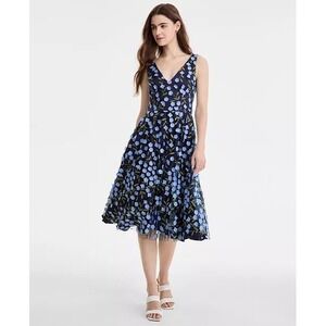Eliza J Navy Blue 3D Floral Applique V-Neck Fit and Flare Midi Dress NWT Size 8